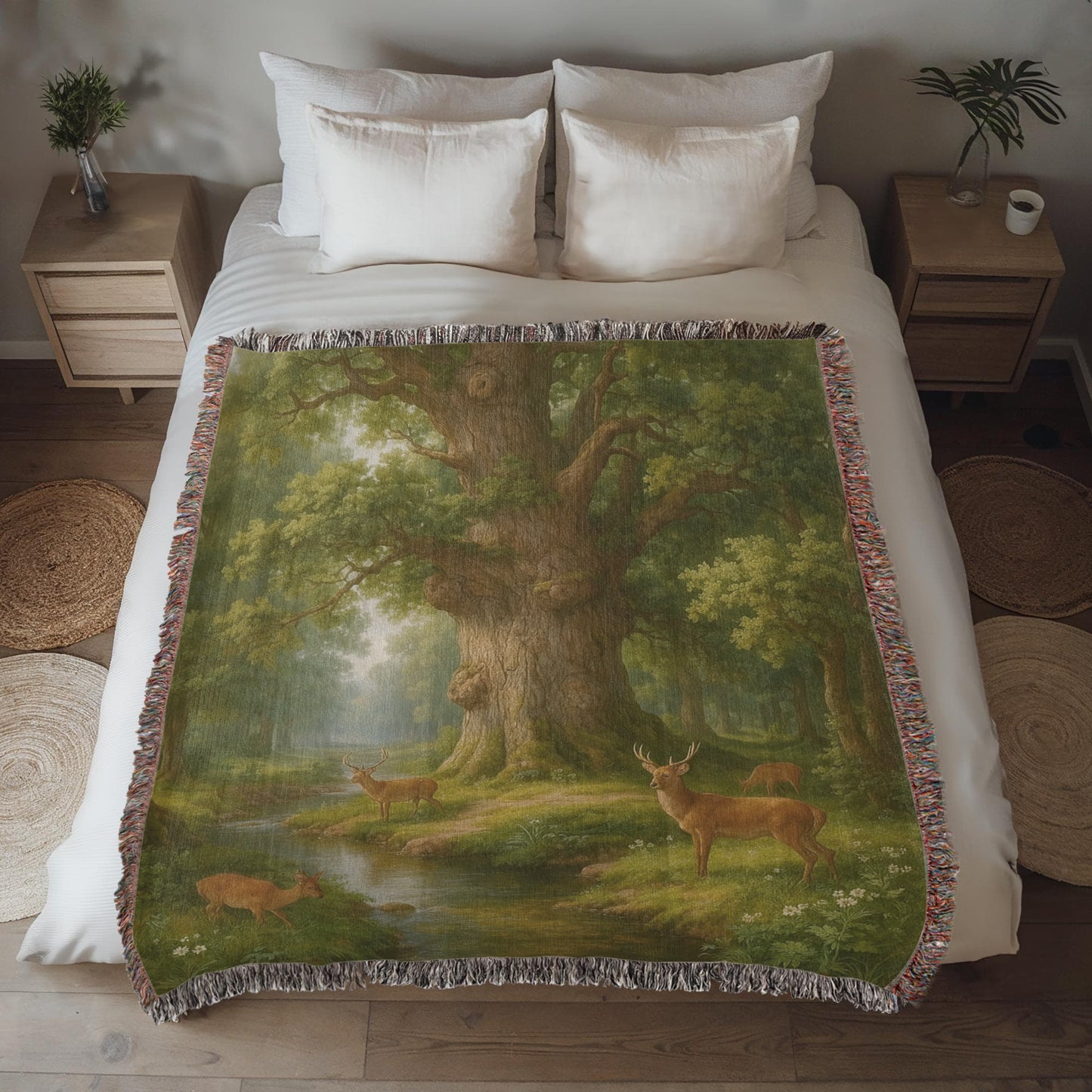 Premium Woven Cotton Throw – Deer Gathering at Stream under Towering Tree
