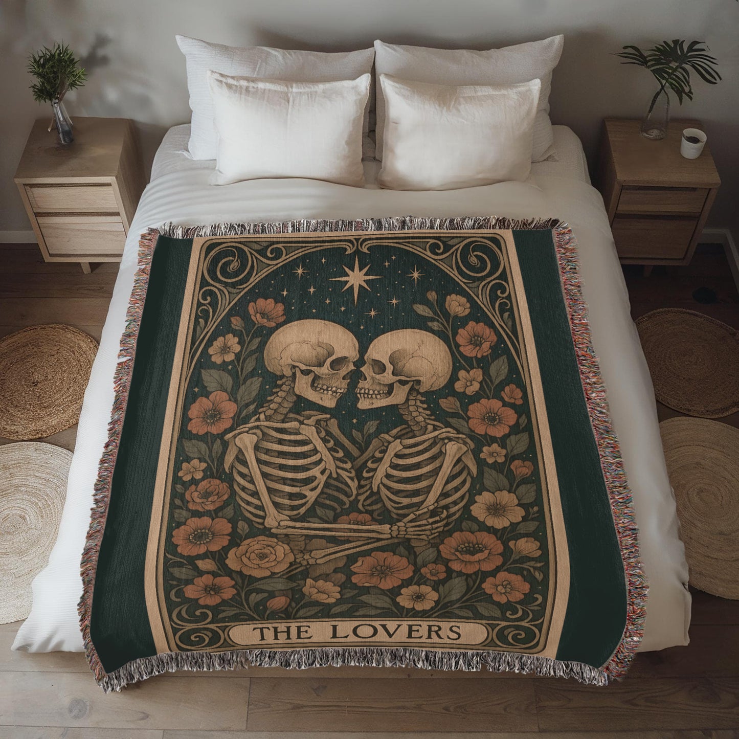 Woven Cotton Blanket – Enchanted Skeleton Couple in Floral Starry Scene, The Lovers Artwork