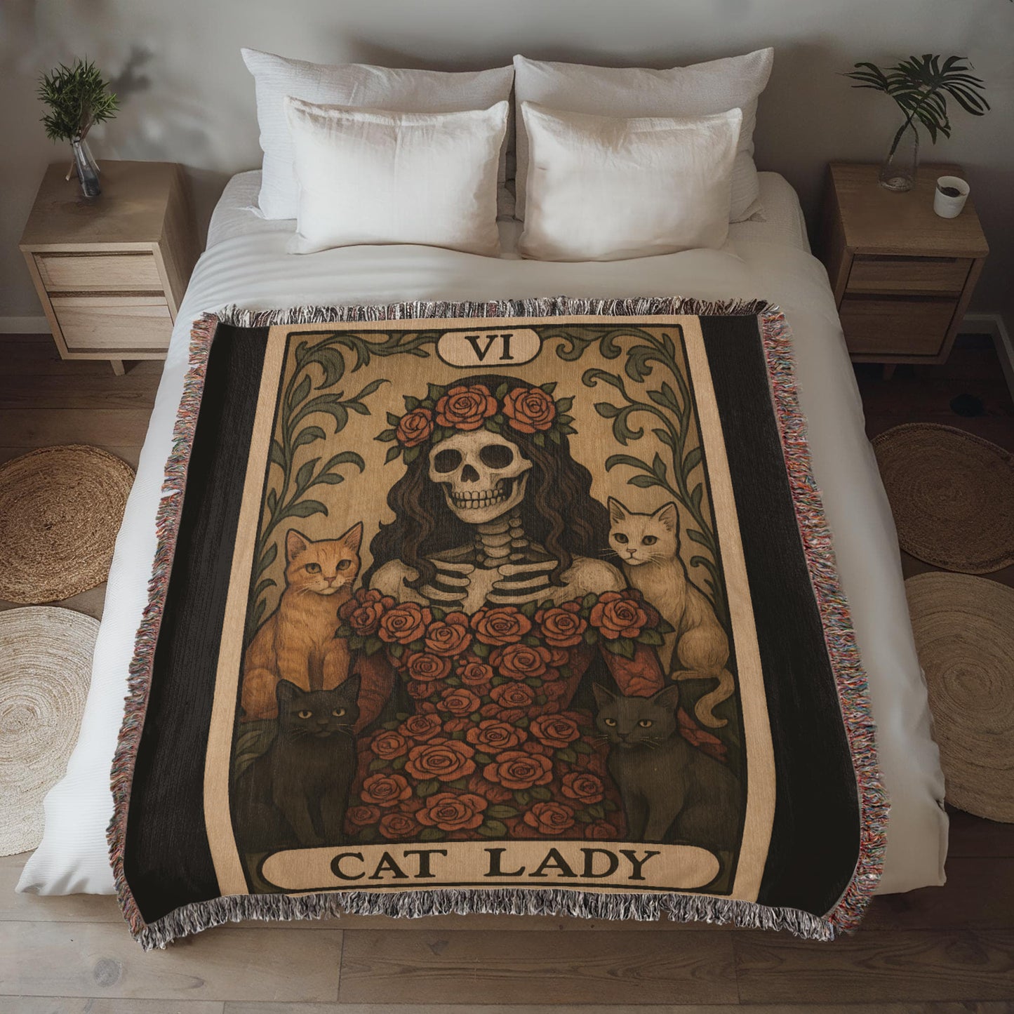 100% Cotton Woven Blanket – Gothic Skeleton Cat Lady Wearing Red Roses Gown with Four Cats, Cat Lady Card Style