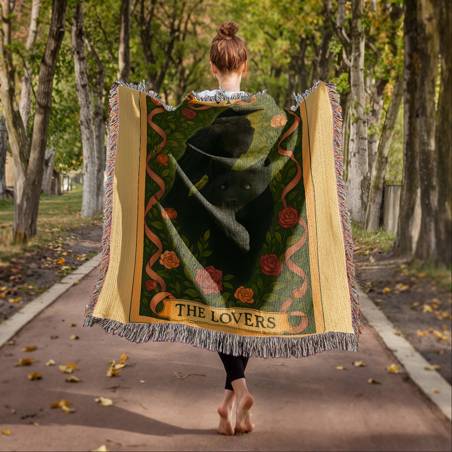 100% Cotton Woven Blanket – Mystic Black Wolf and Raven on Grass & Flowers, The Lovers Card VI