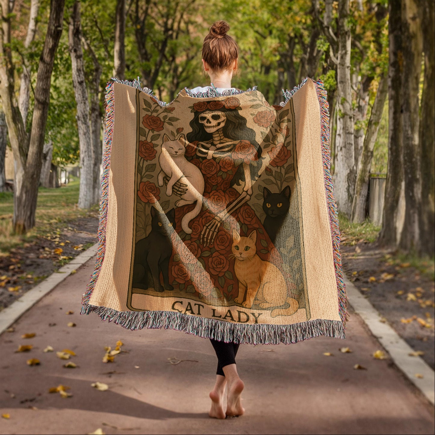 Premium Woven Cotton Throw – Skeleton Cat Lady Dressed in Red Roses with Four Cats, “Cat Lady” Card Artwork