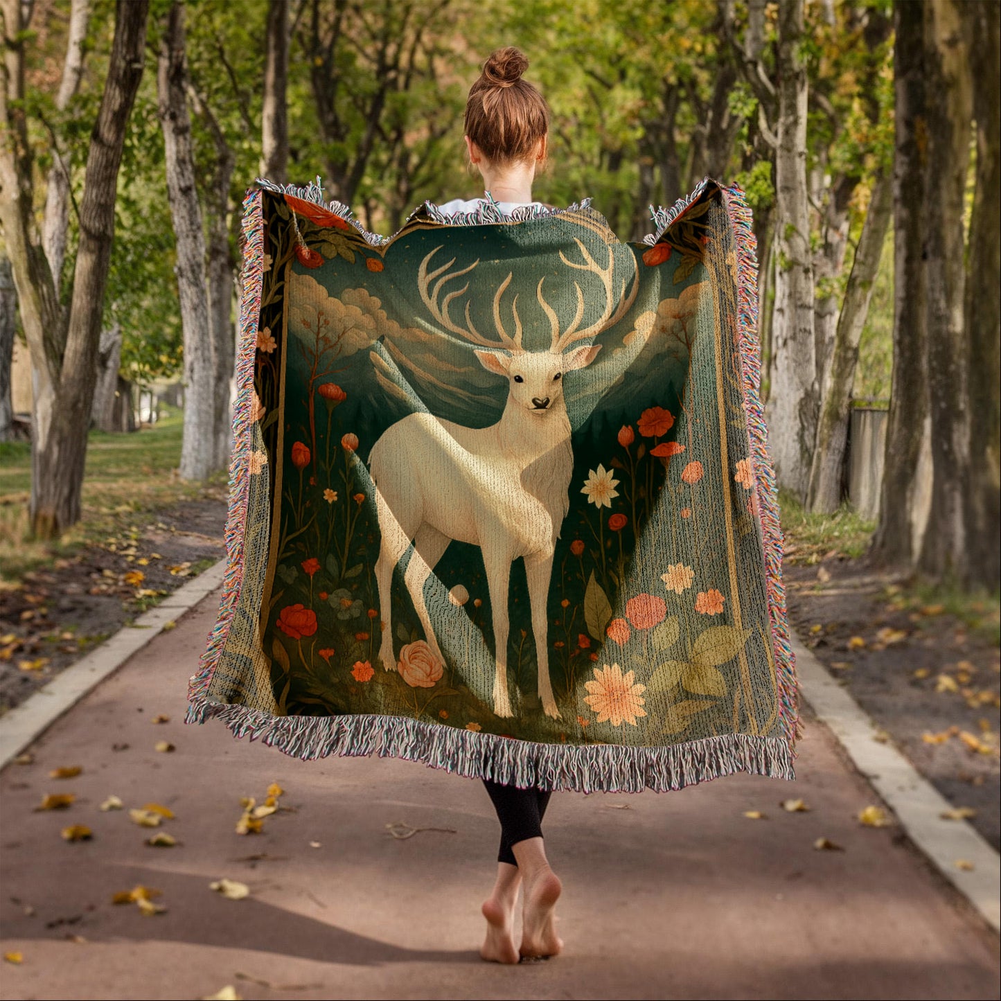 100% Cotton Woven Blanket – Enchanted White Deer with Mountain Clouds and Floral Accents