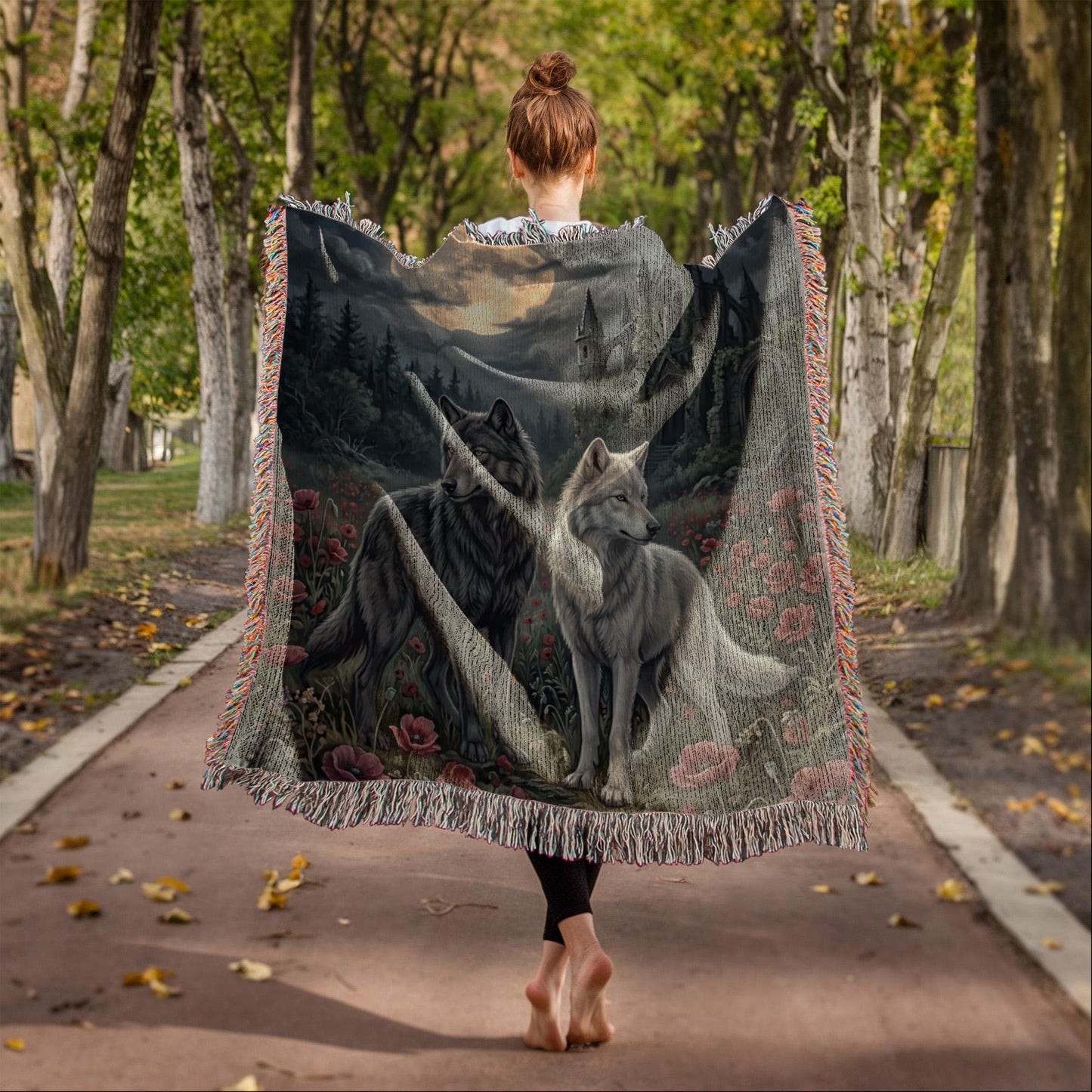 Cotton Woven Blanket – Gothic Wolf Couple in Poppy Field under Moon