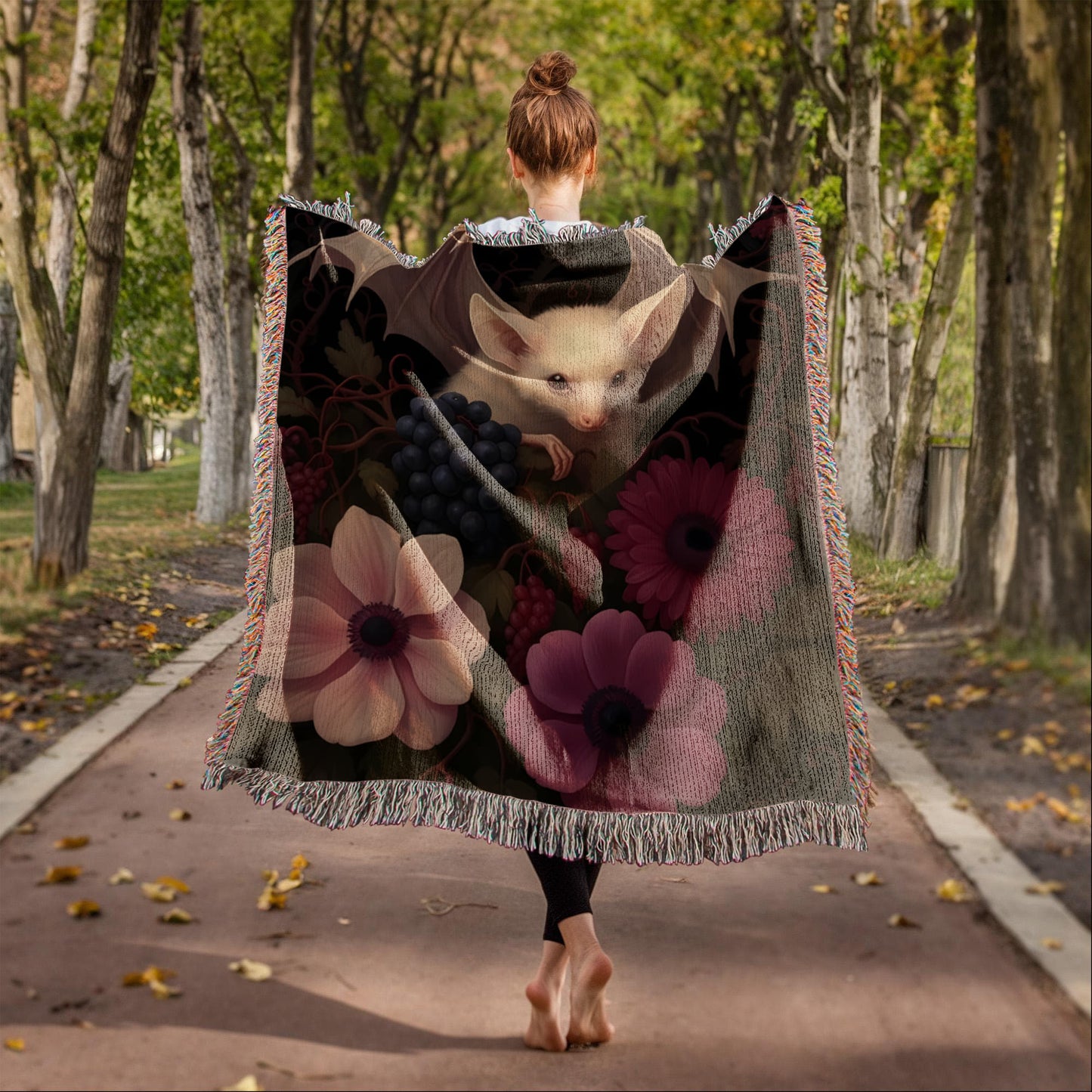 100% Cotton Woven Blanket – Bat Resting in Blooming Flowers