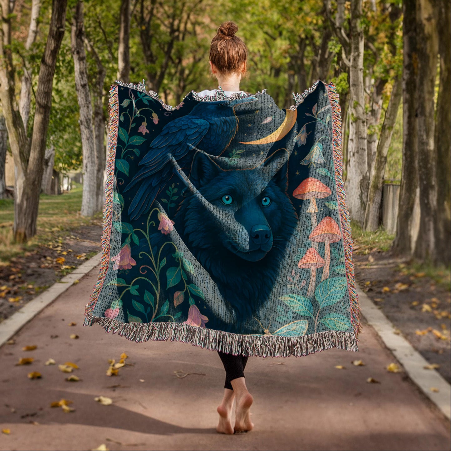 Premium Woven Cotton Throw – Enchanted Forest Scene with Black Wolf, Raven and Crescent Moon