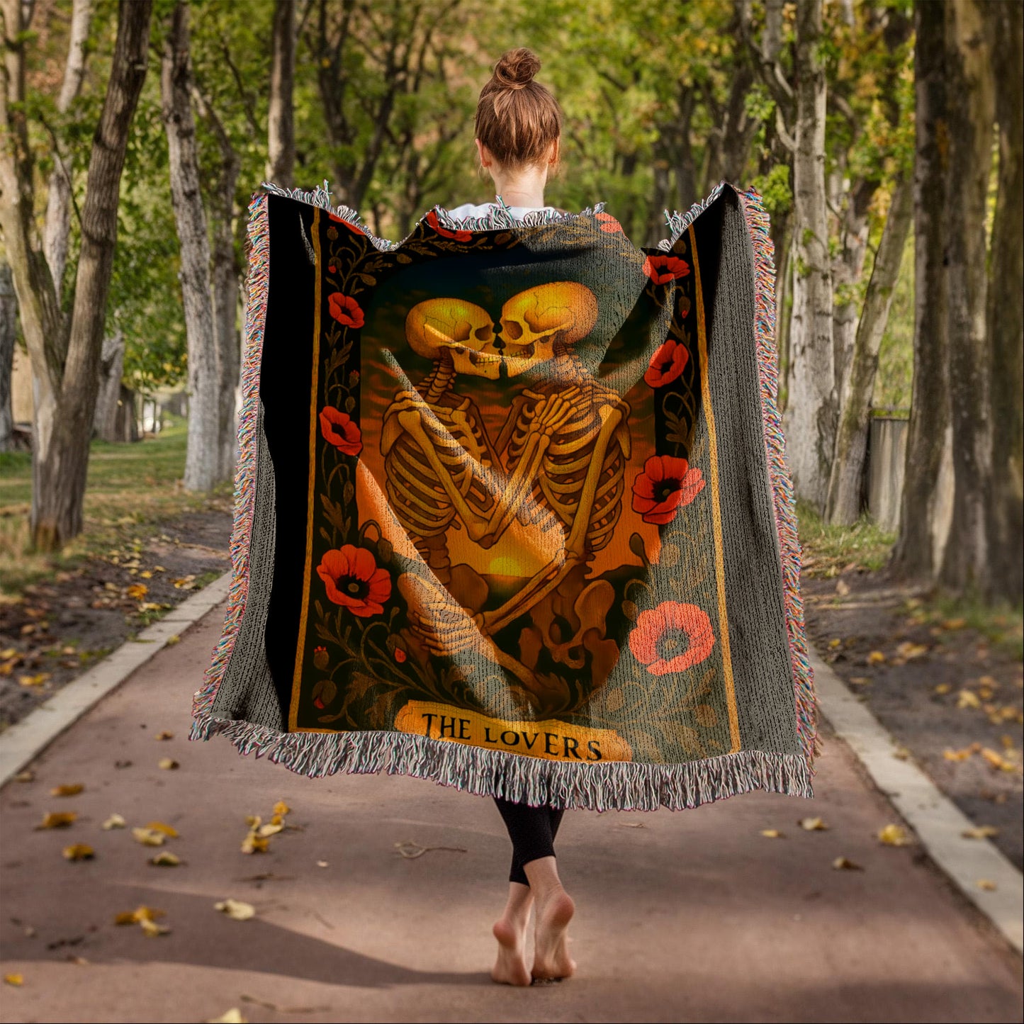 Premium Woven Cotton Throw – Skeleton Lovers with Poppy Garland Frame, Sunset Scene & The Lovers Caption
