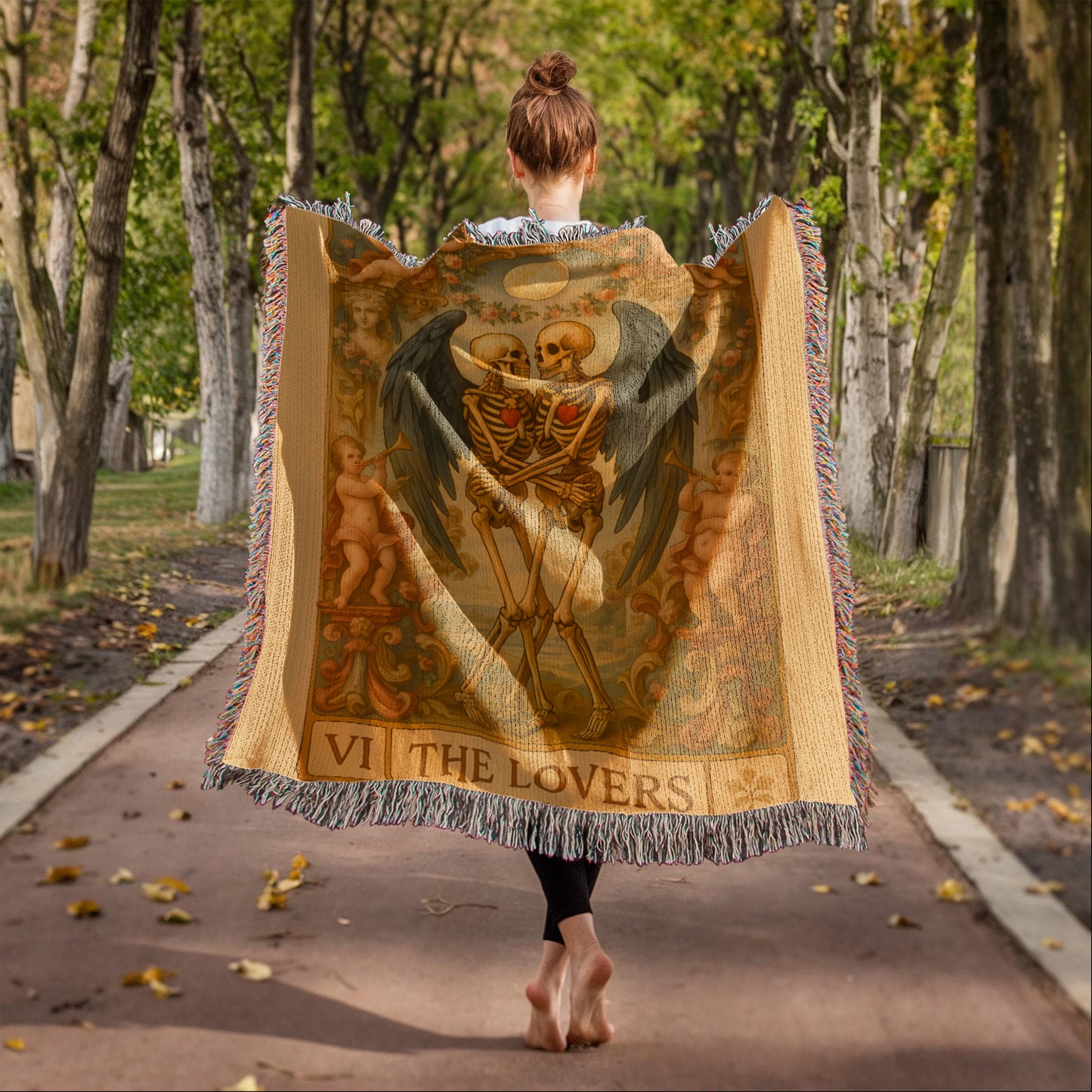 100% Cotton Woven Blanket – Gothic Skeleton Couple with Black Wings Surrounded by Cherubs, The Lovers Card Design