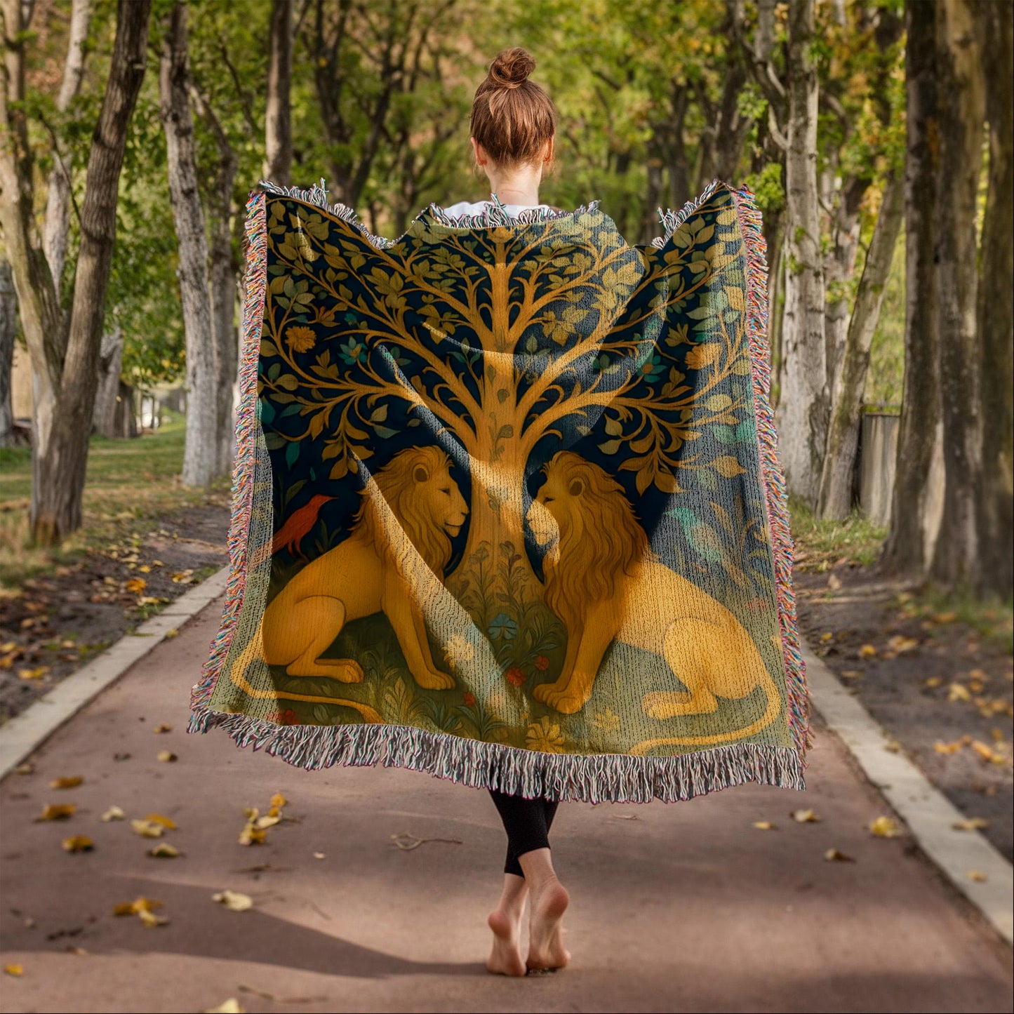100% Cotton Woven Blanket – Majestic Lions under Forest Tree Gazing at One Another