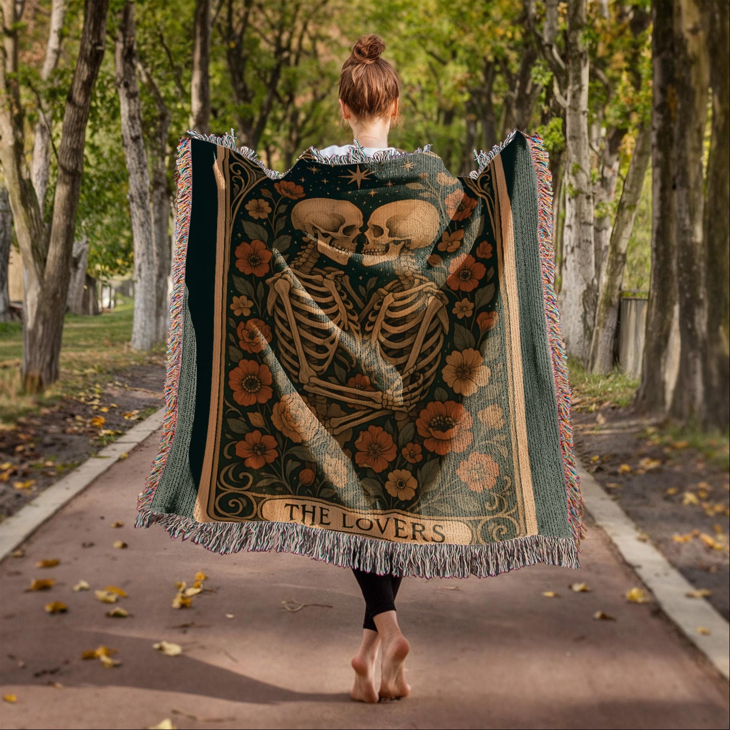 Woven Cotton Blanket – Enchanted Skeleton Couple in Floral Starry Scene, The Lovers Artwork