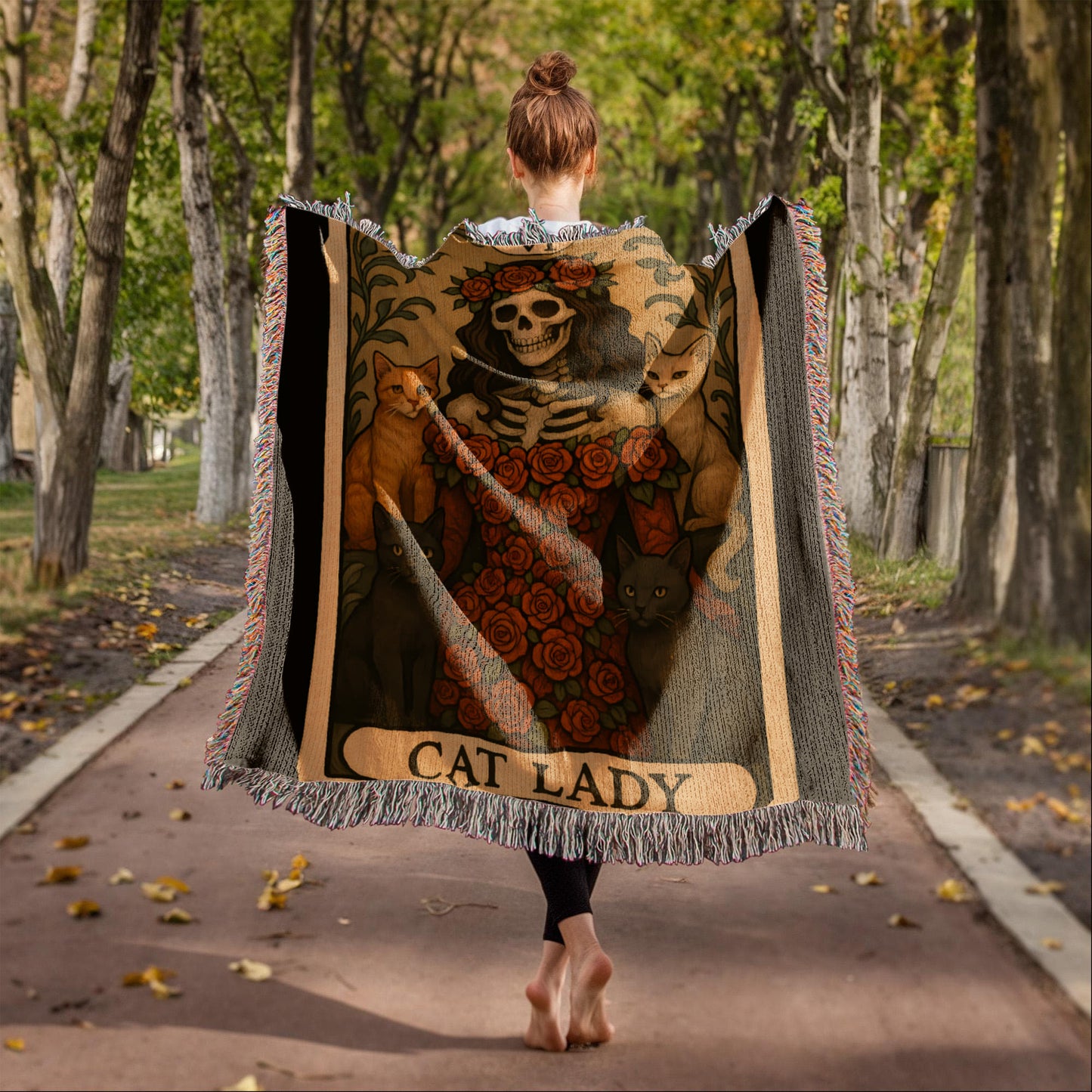100% Cotton Woven Blanket – Gothic Skeleton Cat Lady Wearing Red Roses Gown with Four Cats, Cat Lady Card Style