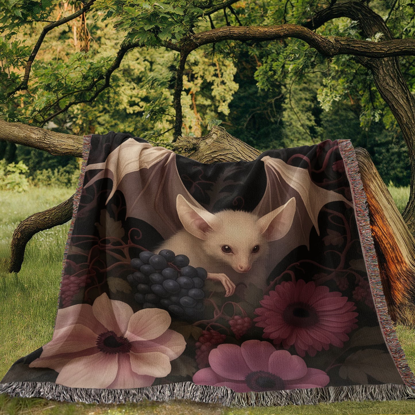 100% Cotton Woven Blanket – Bat Resting in Blooming Flowers