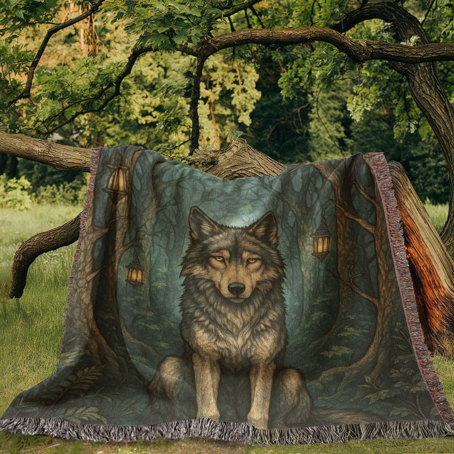 Woven Cotton Blanket – Serene Wolf in Forest under Lantern-Illuminated Trees