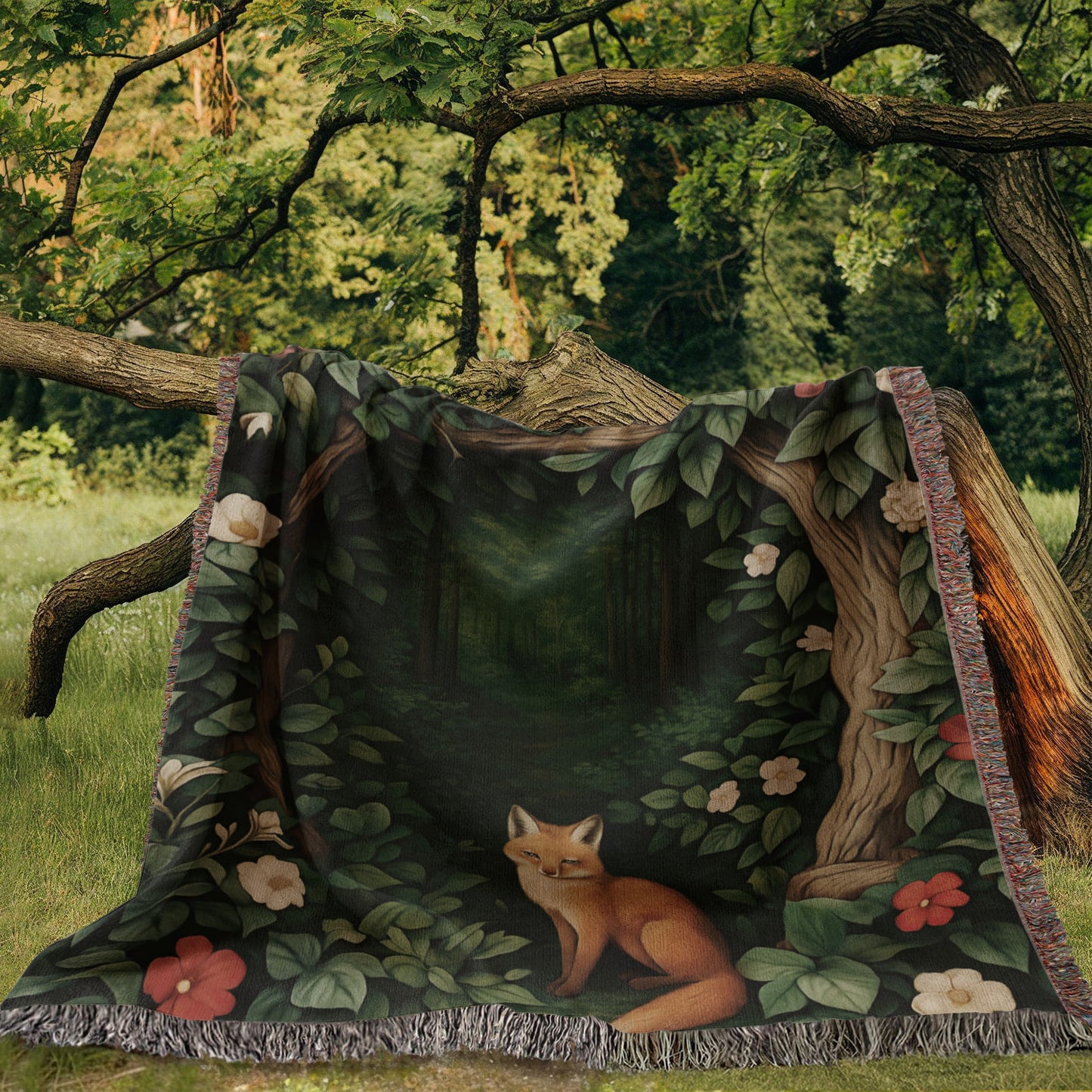 Cotton Woven Blanket – Woodland Fox among Leaves and Flowers