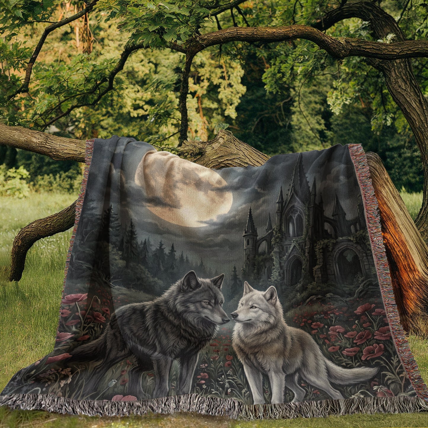 Gothic Wolf Couple Woven Blanket – Moonlit Castle, Poppy Field Tapestry
