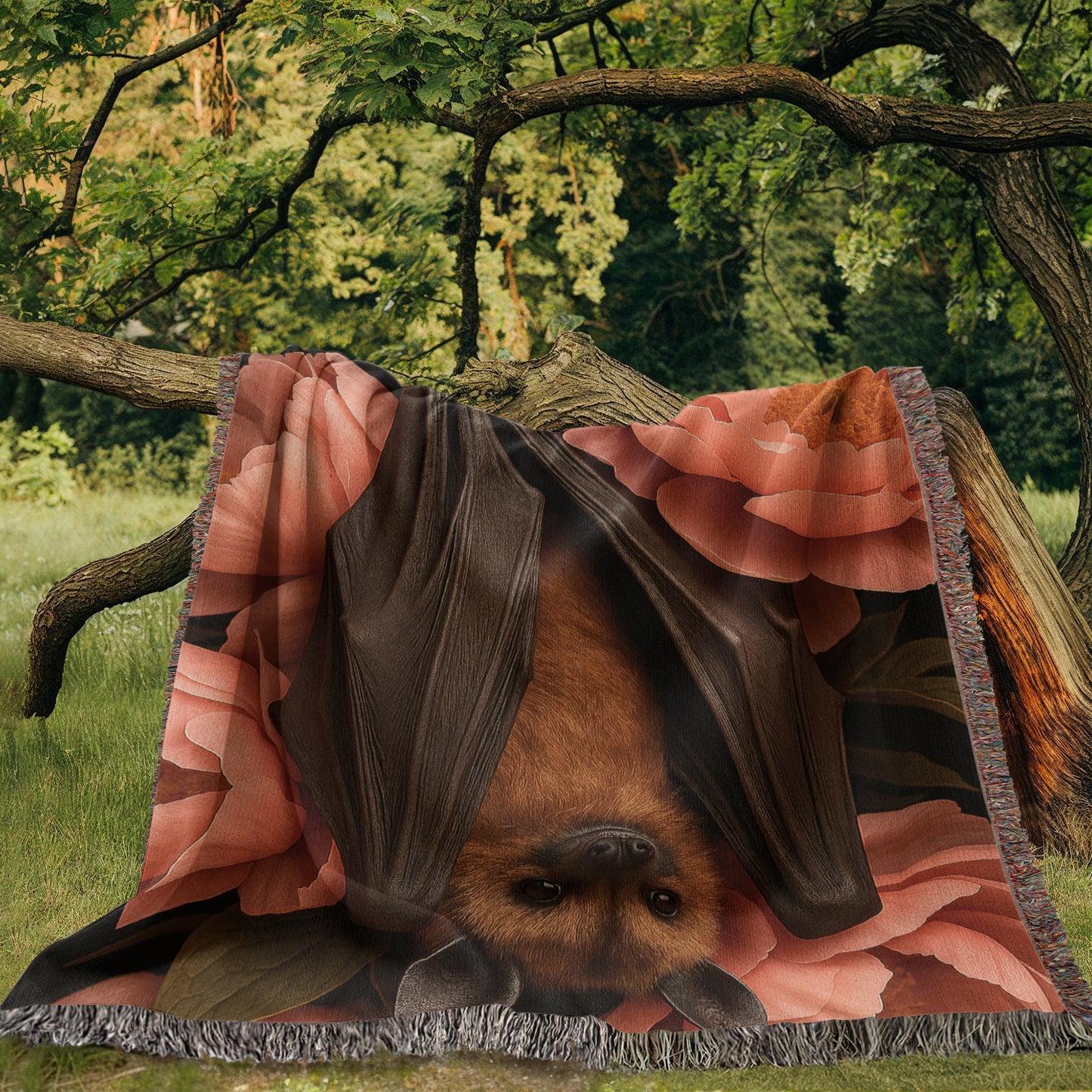Premium Woven Cotton Throw – Bat Nestled among Vibrant Flowers