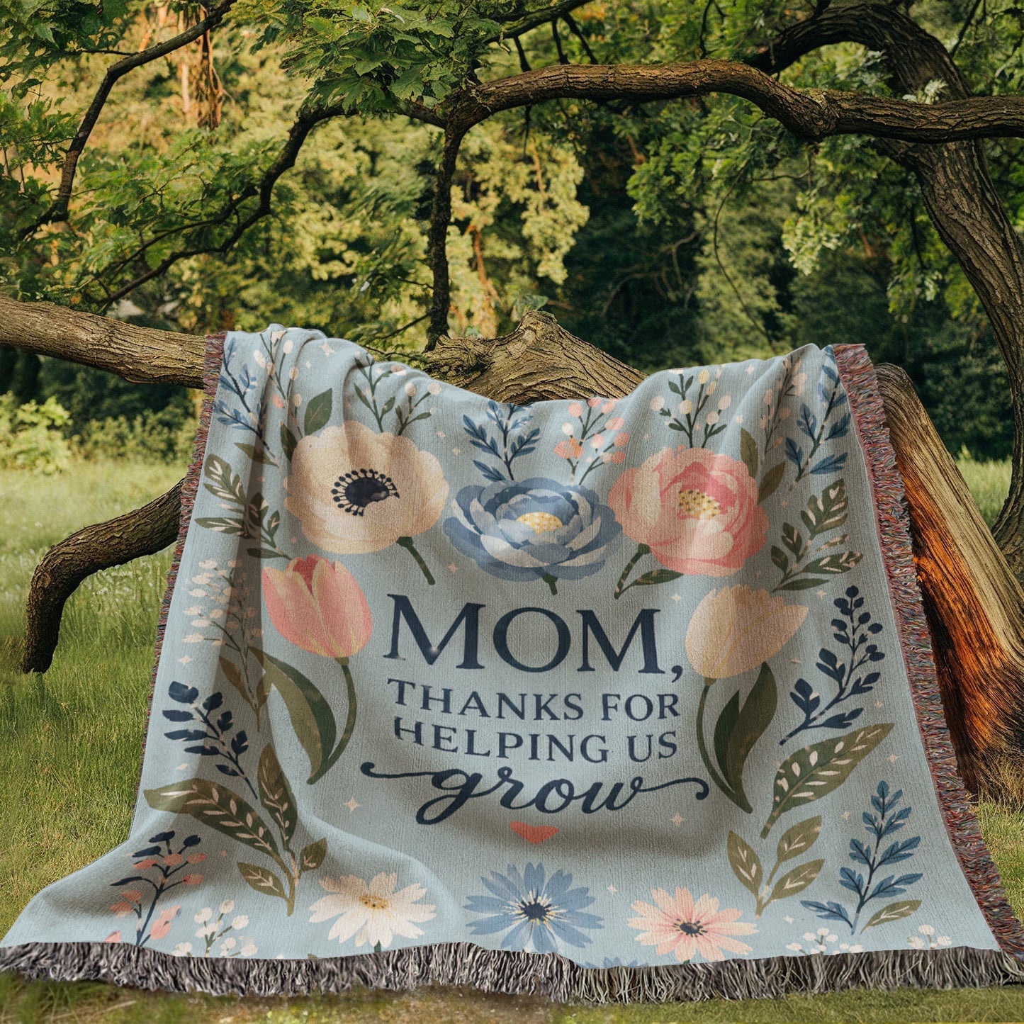 100% Cotton Woven Blanket – Mom Thanks for Helping Us Grow, Blue Floral Mother's Day Throw Gift