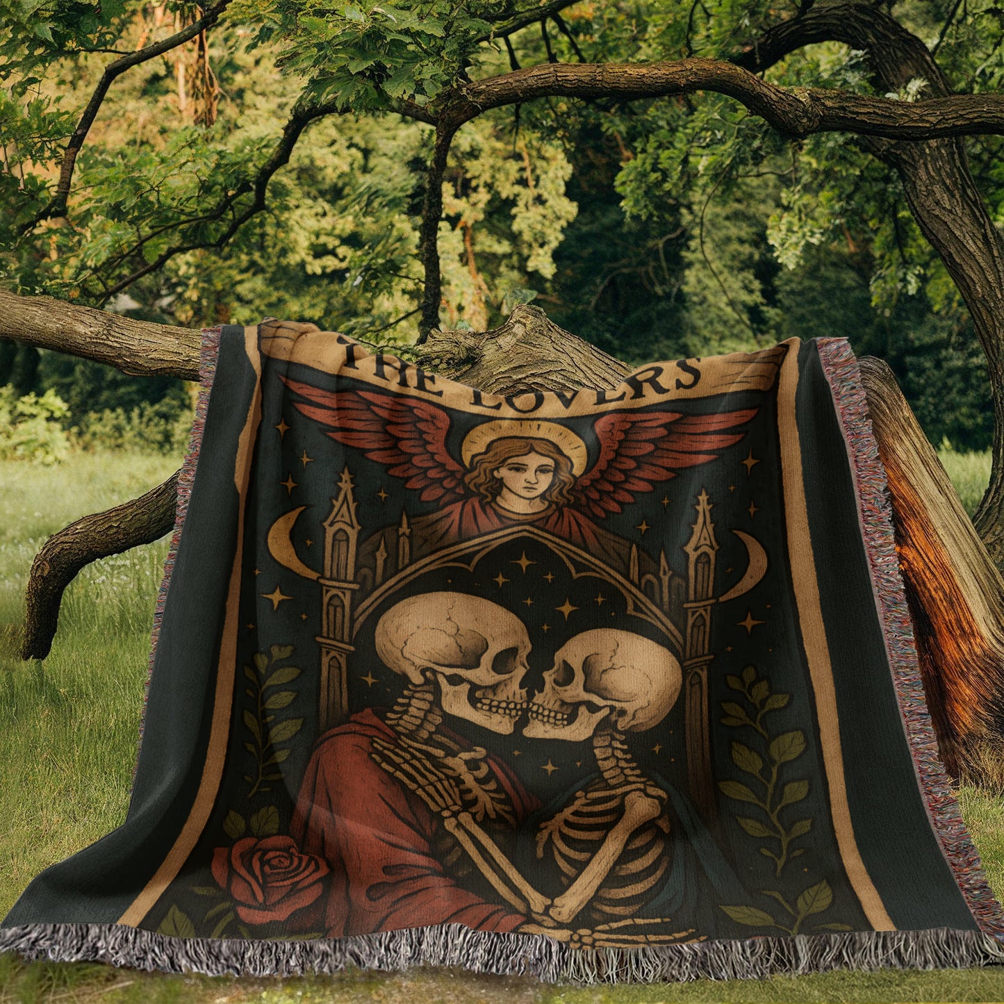 100% Cotton Woven Blanket – Gothic Skeleton Couple under Moon and Stars with Winged Angel, The Lovers Tarot Style