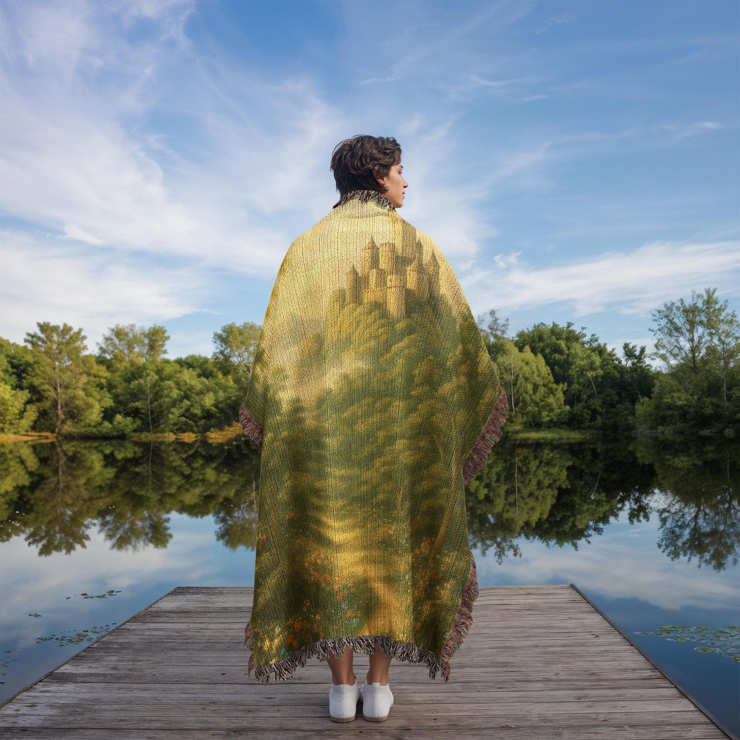 Premium Woven Cotton Throw – Fantasy Castle Rising above Trees on Hill