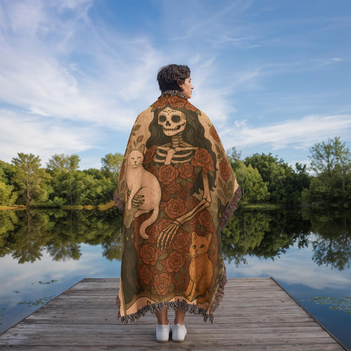 Premium Woven Cotton Throw – Skeleton Cat Lady Dressed in Red Roses with Four Cats, “Cat Lady” Card Artwork