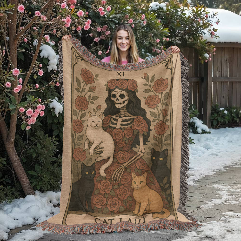 Premium Woven Cotton Throw – Skeleton Cat Lady Dressed in Red Roses with Four Cats, “Cat Lady” Card Artwork