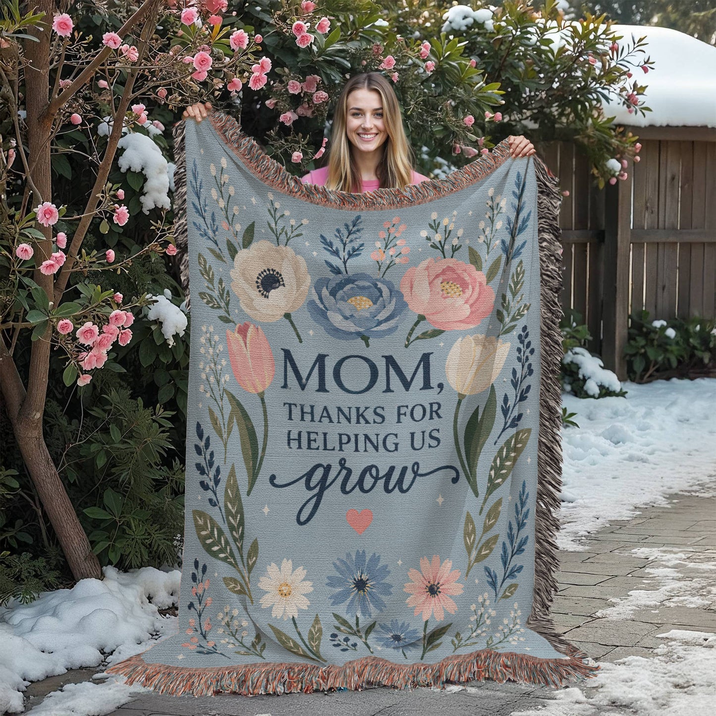 100% Cotton Woven Blanket – Mom Thanks for Helping Us Grow, Blue Floral Mother's Day Throw Gift