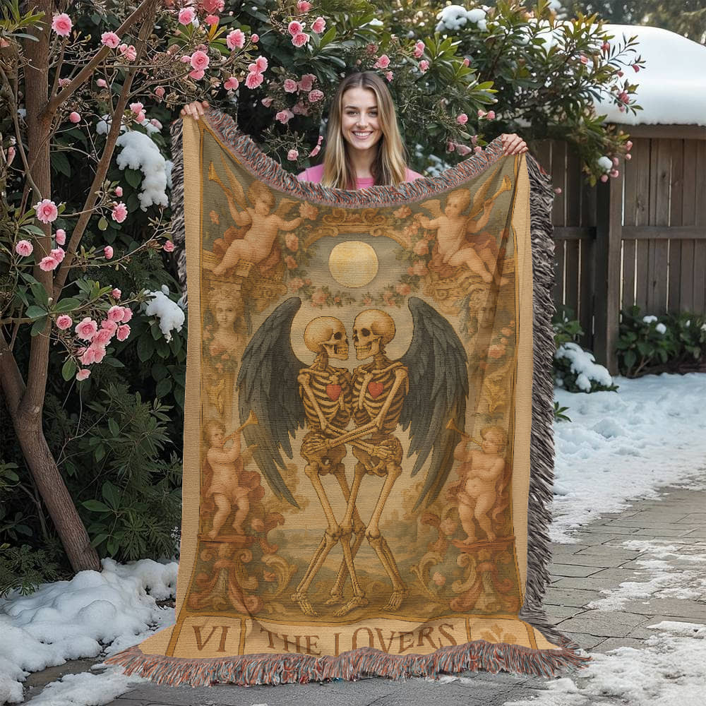 100% Cotton Woven Blanket – Gothic Skeleton Couple with Black Wings Surrounded by Cherubs, The Lovers Card Design