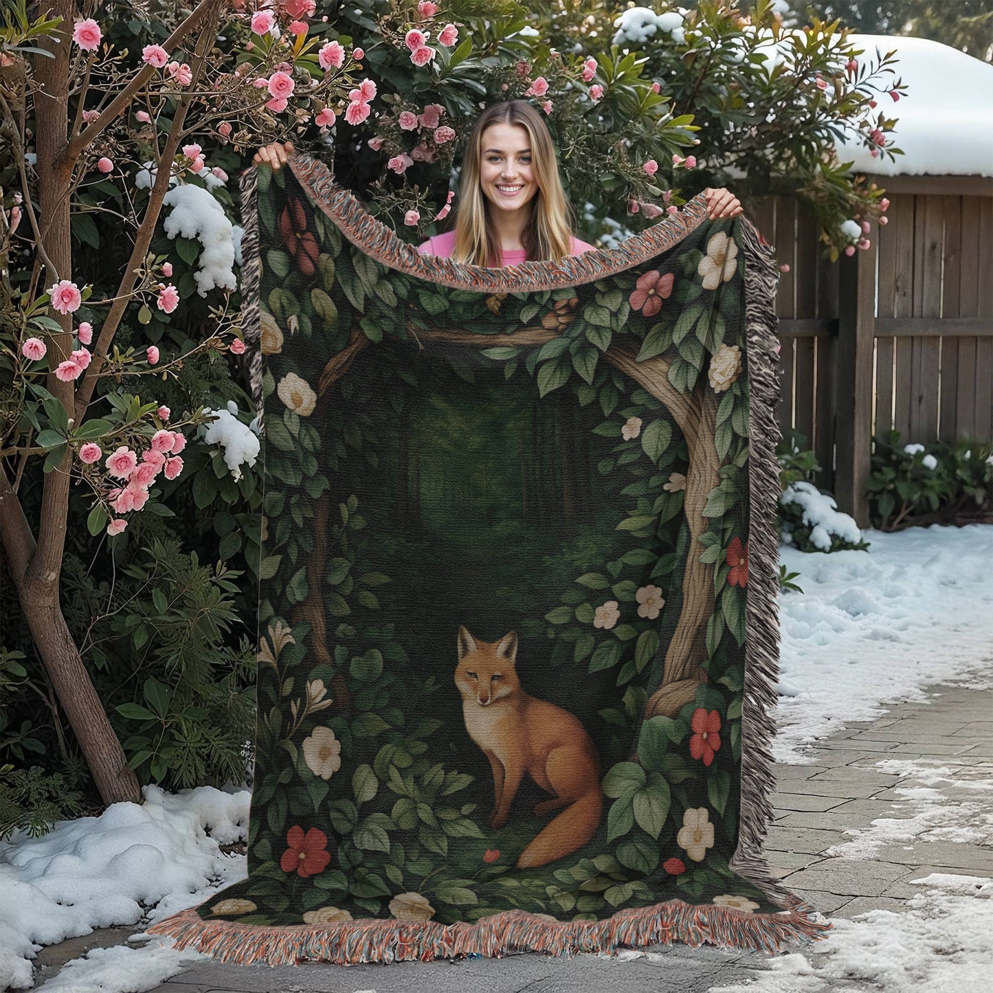 Cotton Woven Blanket – Woodland Fox among Leaves and Flowers