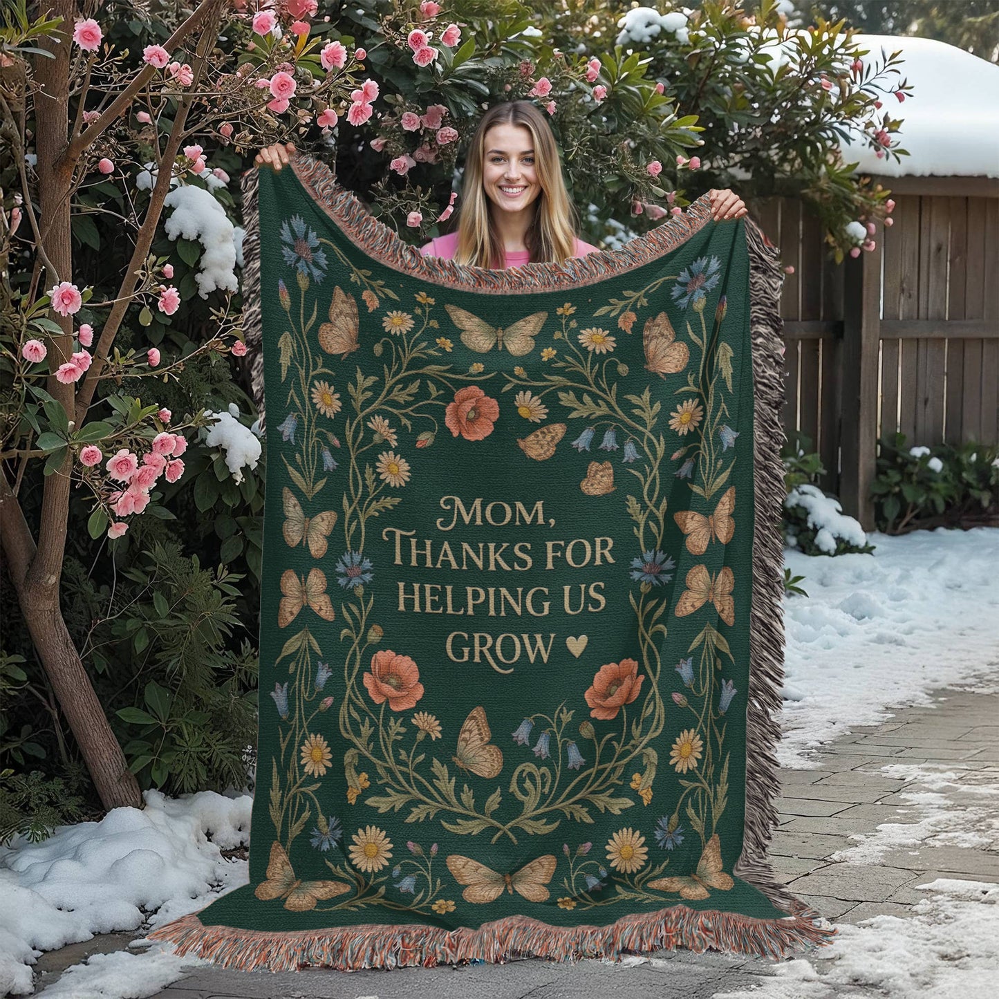 100% Cotton Woven Blanket – Mom Thanks for Helping Us Grow, Emerald Wildflower Throw Gift