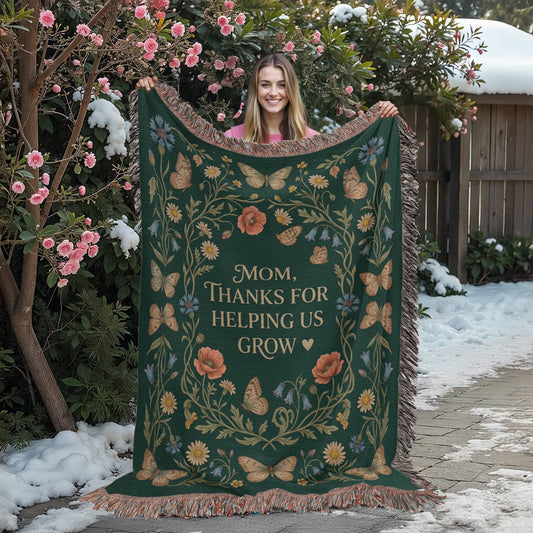 100% Cotton Woven Blanket – Mom Thanks for Helping Us Grow, Emerald Wildflower Throw Gift