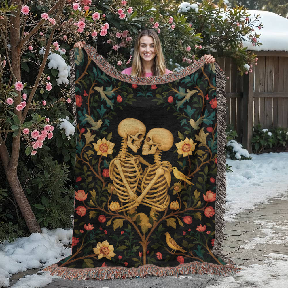 Premium Woven Cotton Throw – Skeleton Lovers in Enchanted Floral Border