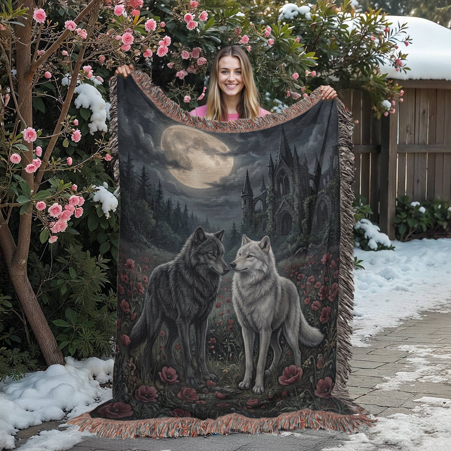 Gothic Wolf Couple Woven Blanket – Moonlit Castle, Poppy Field Tapestry