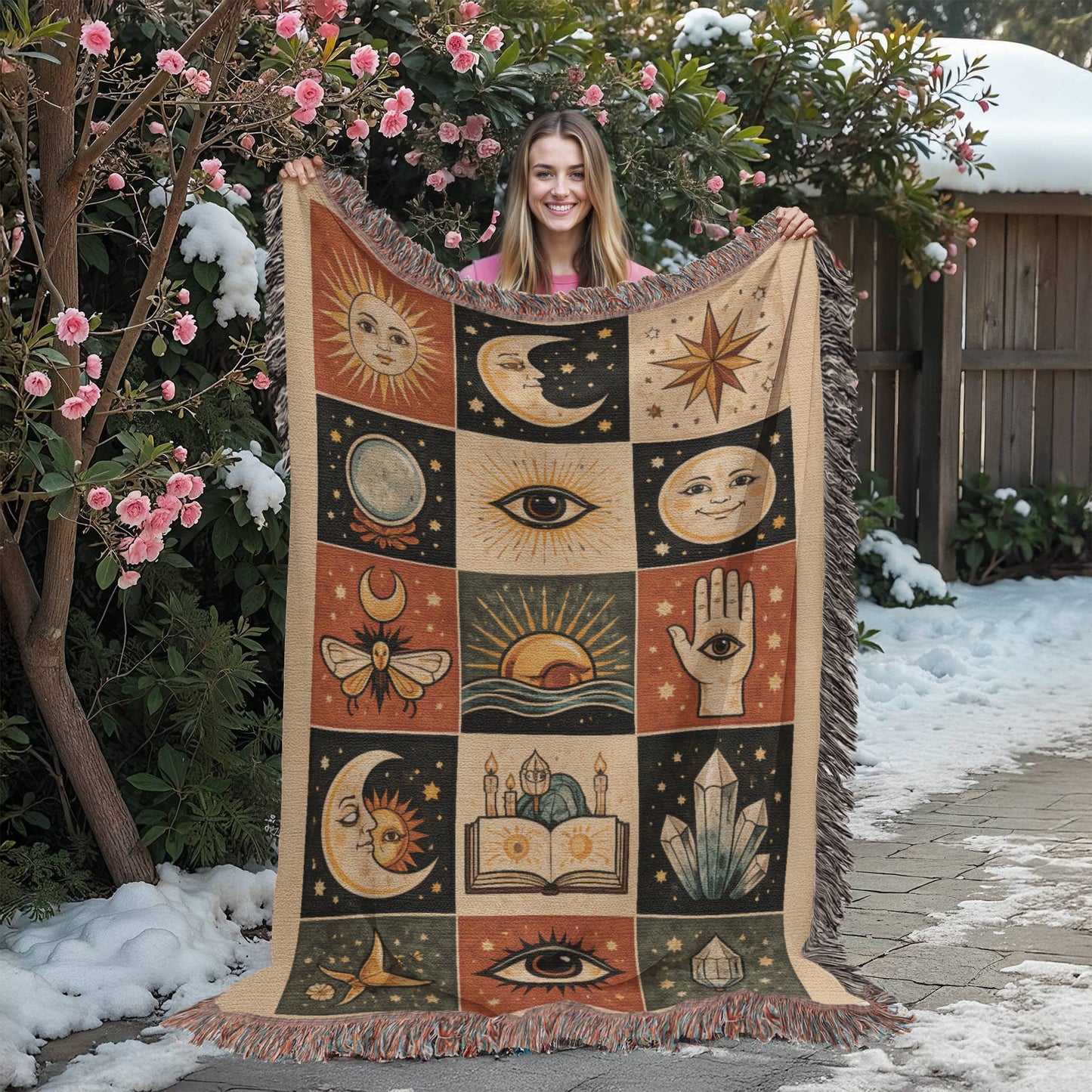 Woven Cotton Blanket – Celestial Tarot Sun Moon Stars, Witchy Boho Throw, Mystical Astrology Tapestry Decor