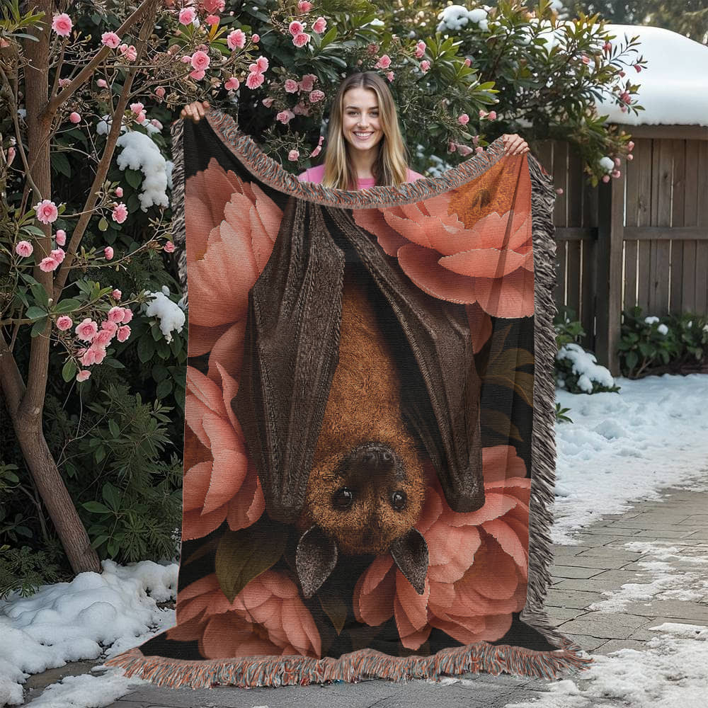 Premium Woven Cotton Throw – Bat Nestled among Vibrant Flowers