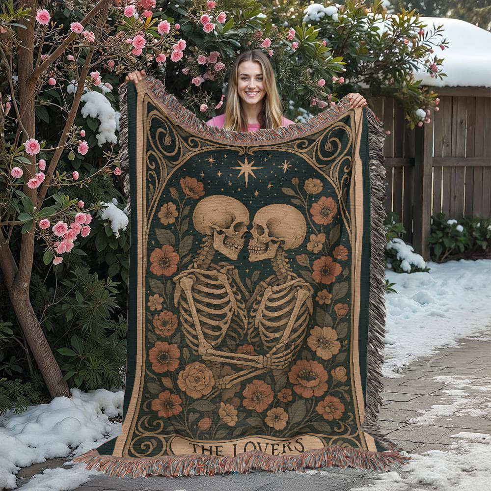 Woven Cotton Blanket – Enchanted Skeleton Couple in Floral Starry Scene, The Lovers Artwork