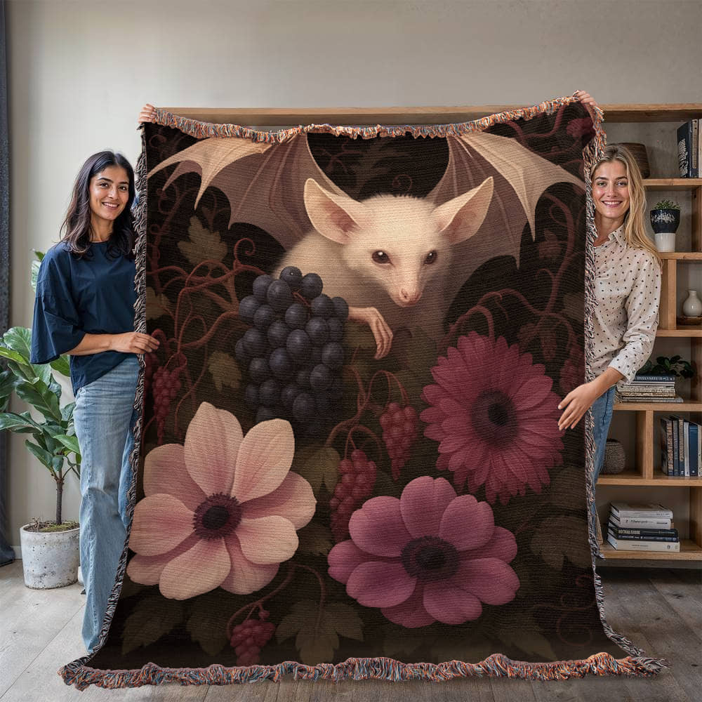 100% Cotton Woven Blanket – Bat Resting in Blooming Flowers