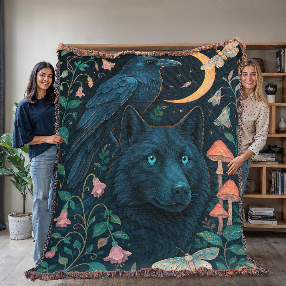 Premium Woven Cotton Throw – Enchanted Forest Scene with Black Wolf, Raven and Crescent Moon