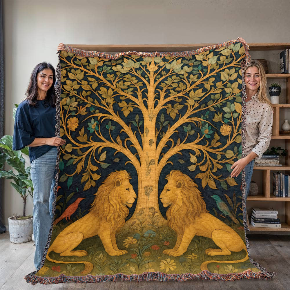 100% Cotton Woven Blanket – Majestic Lions under Forest Tree Gazing at One Another