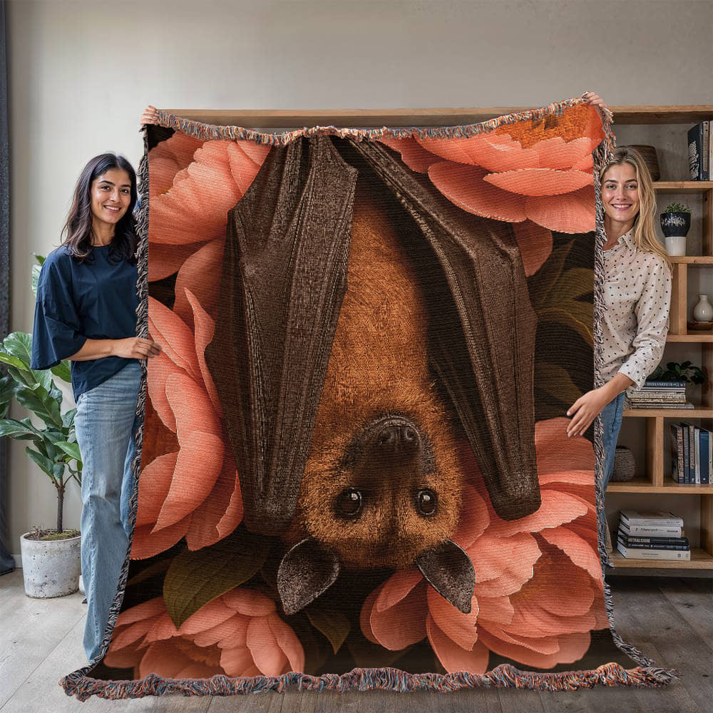 Premium Woven Cotton Throw – Bat Nestled among Vibrant Flowers