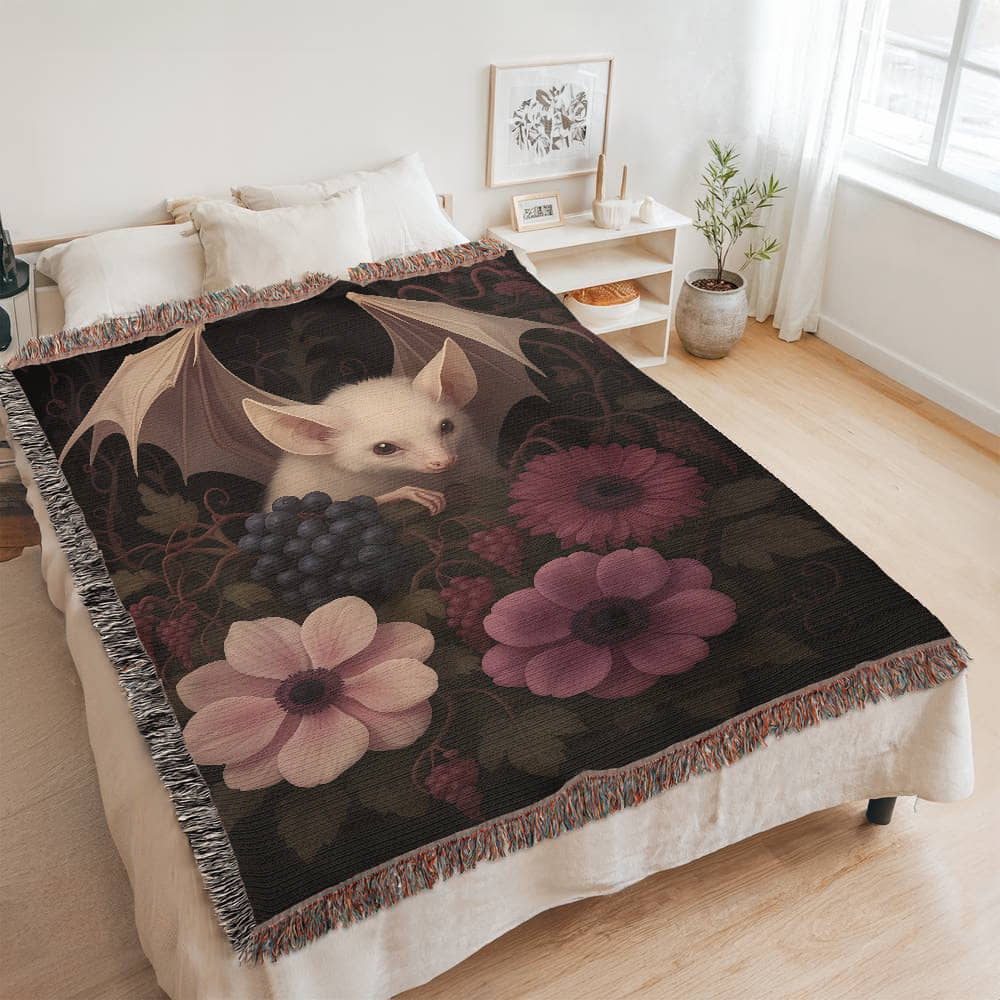 100% Cotton Woven Blanket – Bat Resting in Blooming Flowers