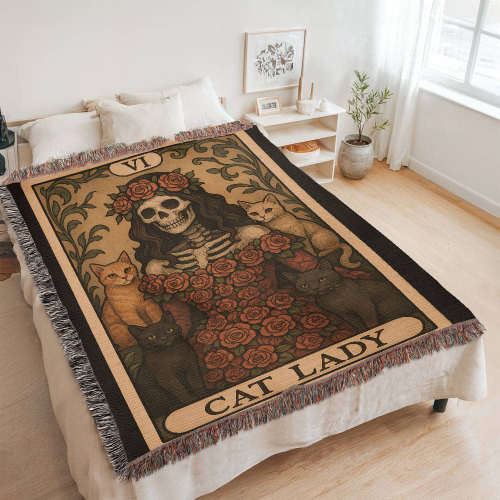100% Cotton Woven Blanket – Gothic Skeleton Cat Lady Wearing Red Roses Gown with Four Cats, Cat Lady Card Style