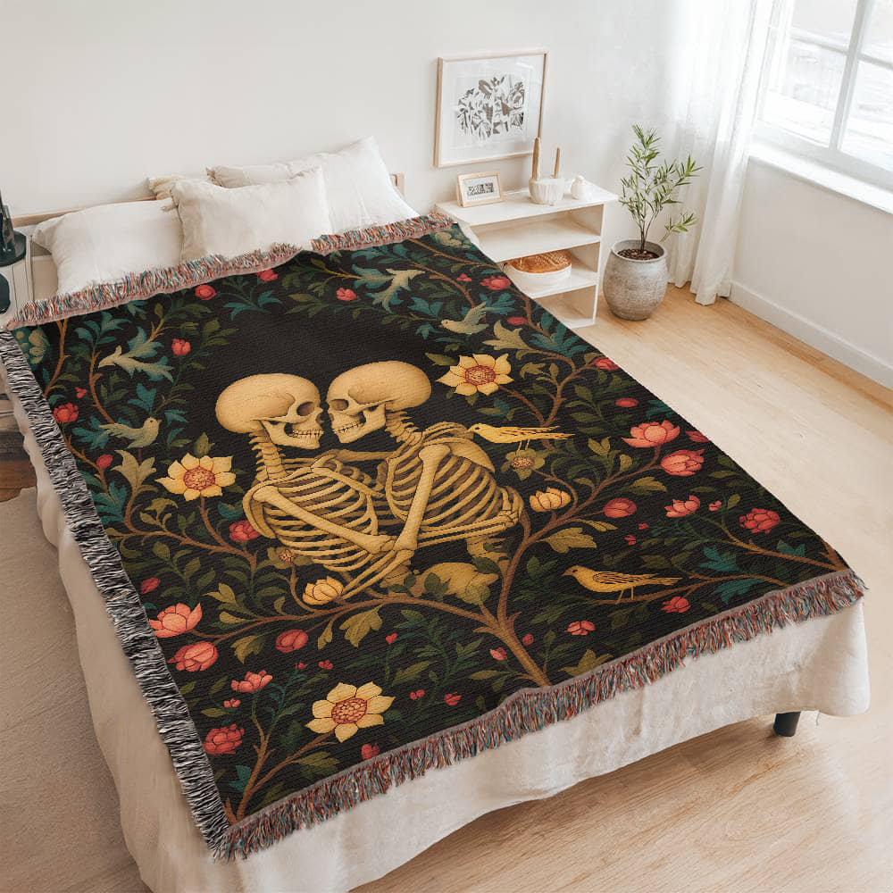 Premium Woven Cotton Throw – Skeleton Lovers in Enchanted Floral Border