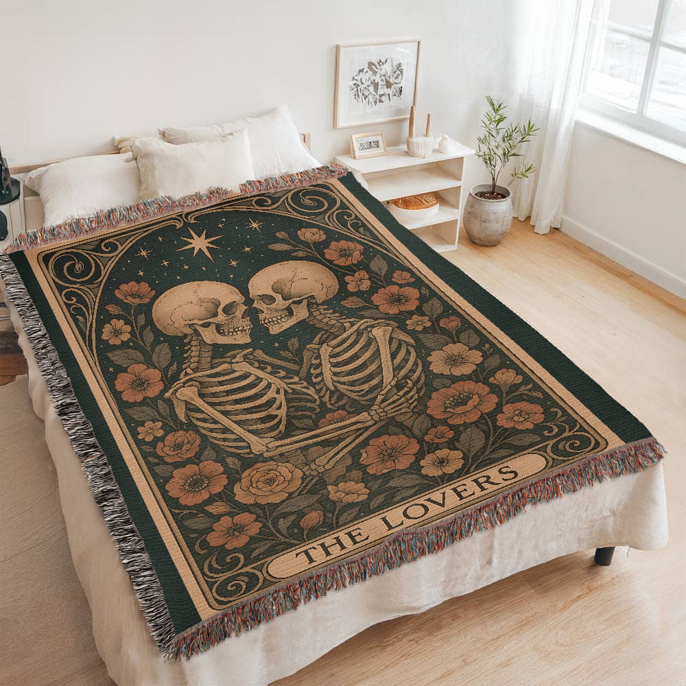 Woven Cotton Blanket – Enchanted Skeleton Couple in Floral Starry Scene, The Lovers Artwork