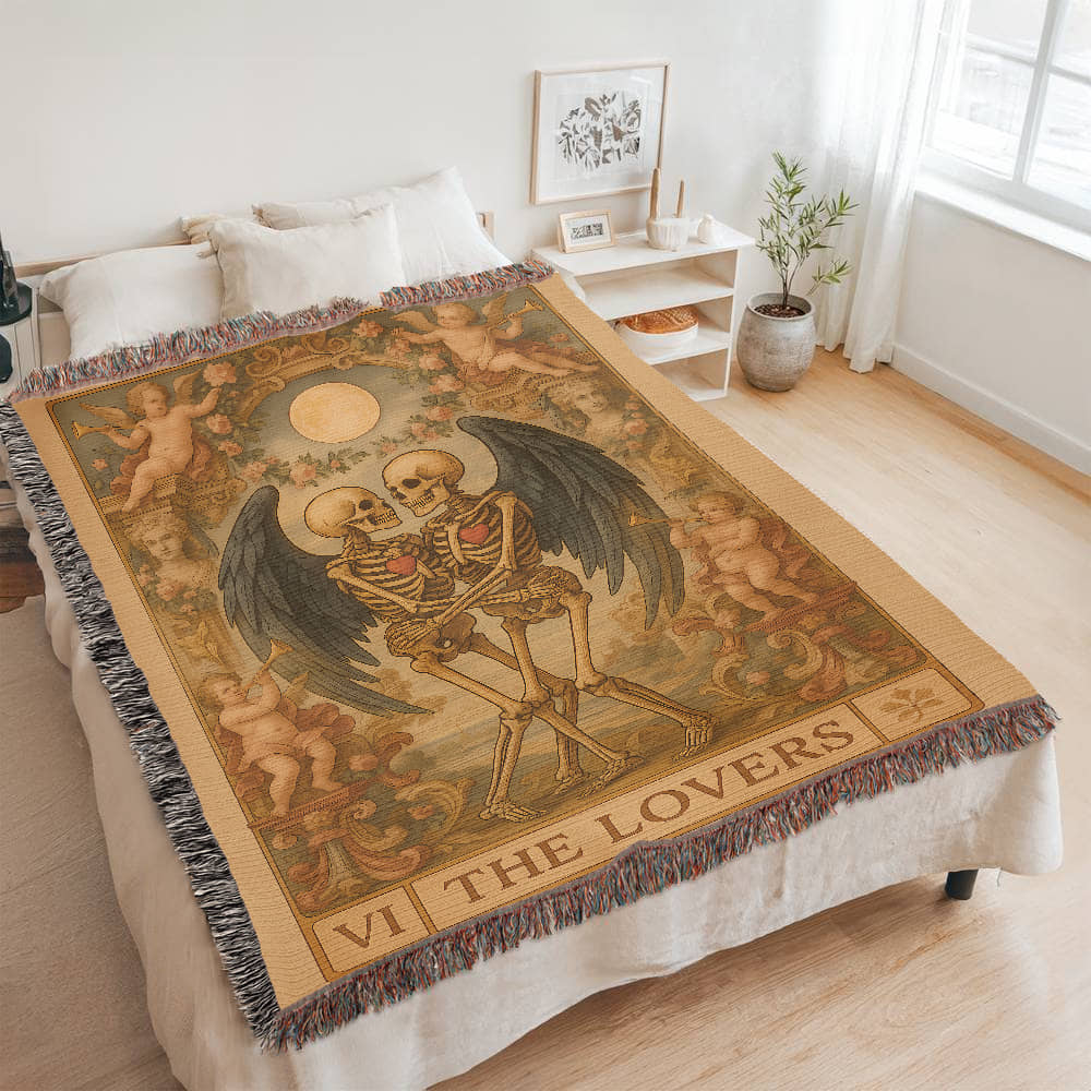 100% Cotton Woven Blanket – Gothic Skeleton Couple with Black Wings Surrounded by Cherubs, The Lovers Card Design