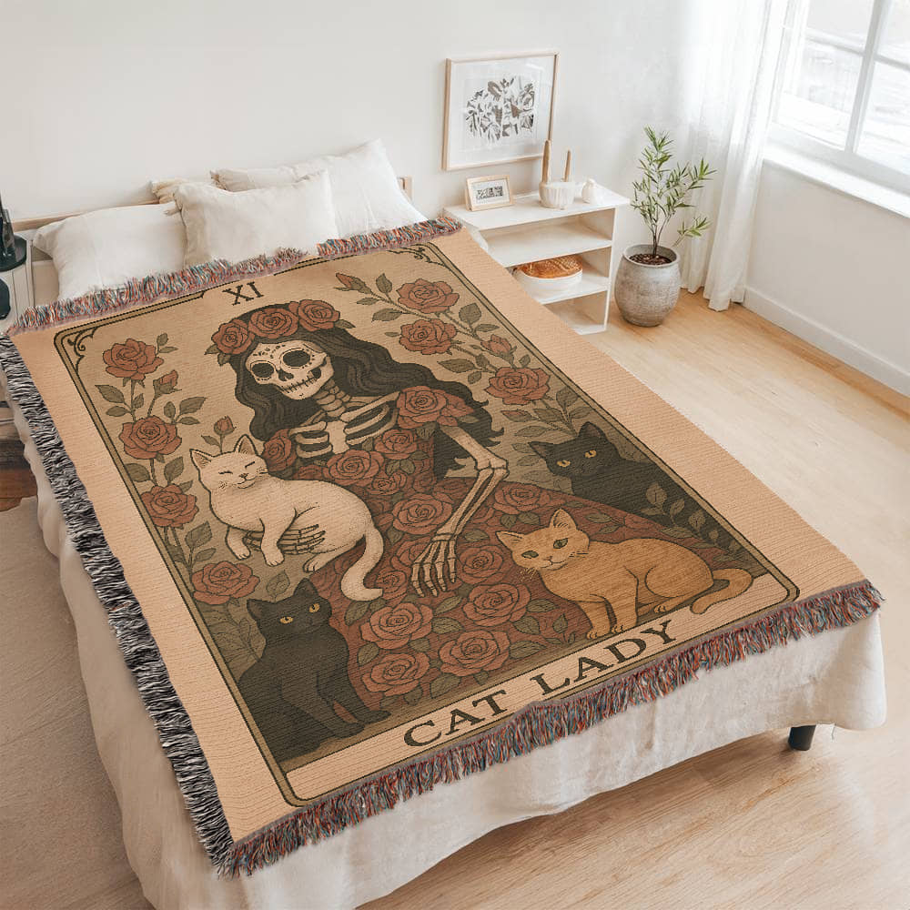 Premium Woven Cotton Throw – Skeleton Cat Lady Dressed in Red Roses with Four Cats, “Cat Lady” Card Artwork
