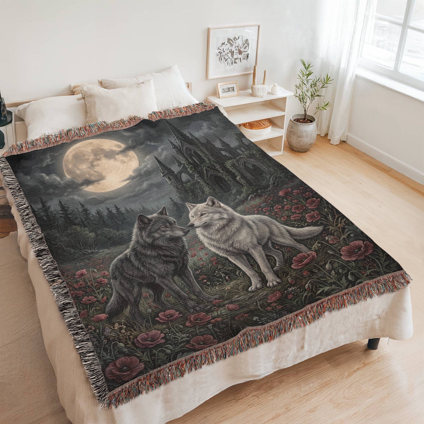 Gothic Wolf Couple Woven Blanket – Moonlit Castle, Poppy Field Tapestry