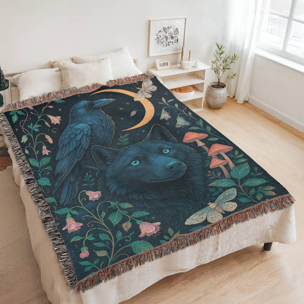 Premium Woven Cotton Throw – Enchanted Forest Scene with Black Wolf, Raven and Crescent Moon