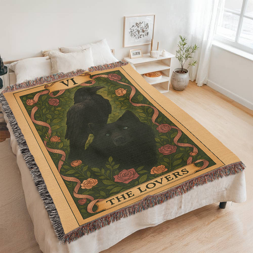100% Cotton Woven Blanket – Mystic Black Wolf and Raven on Grass & Flowers, The Lovers Card VI