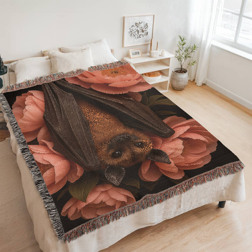 Premium Woven Cotton Throw – Bat Nestled among Vibrant Flowers