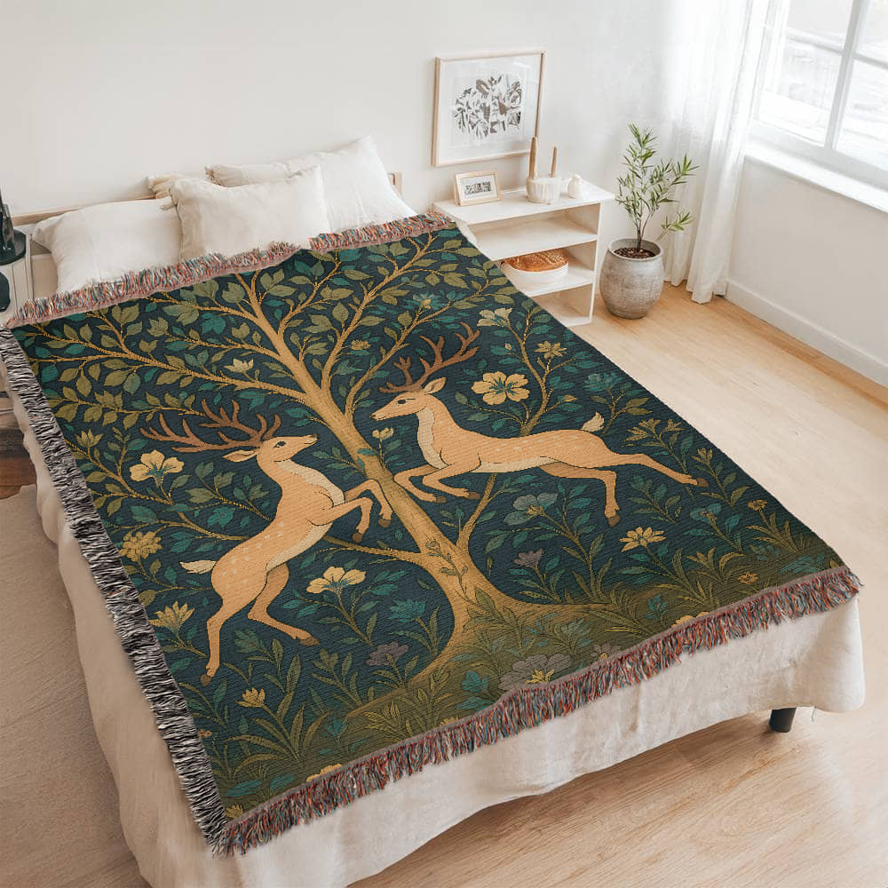 Premium Woven Cotton Throw – Fantasy Deer Duo Rearing Face to Face under Enchanted Tree