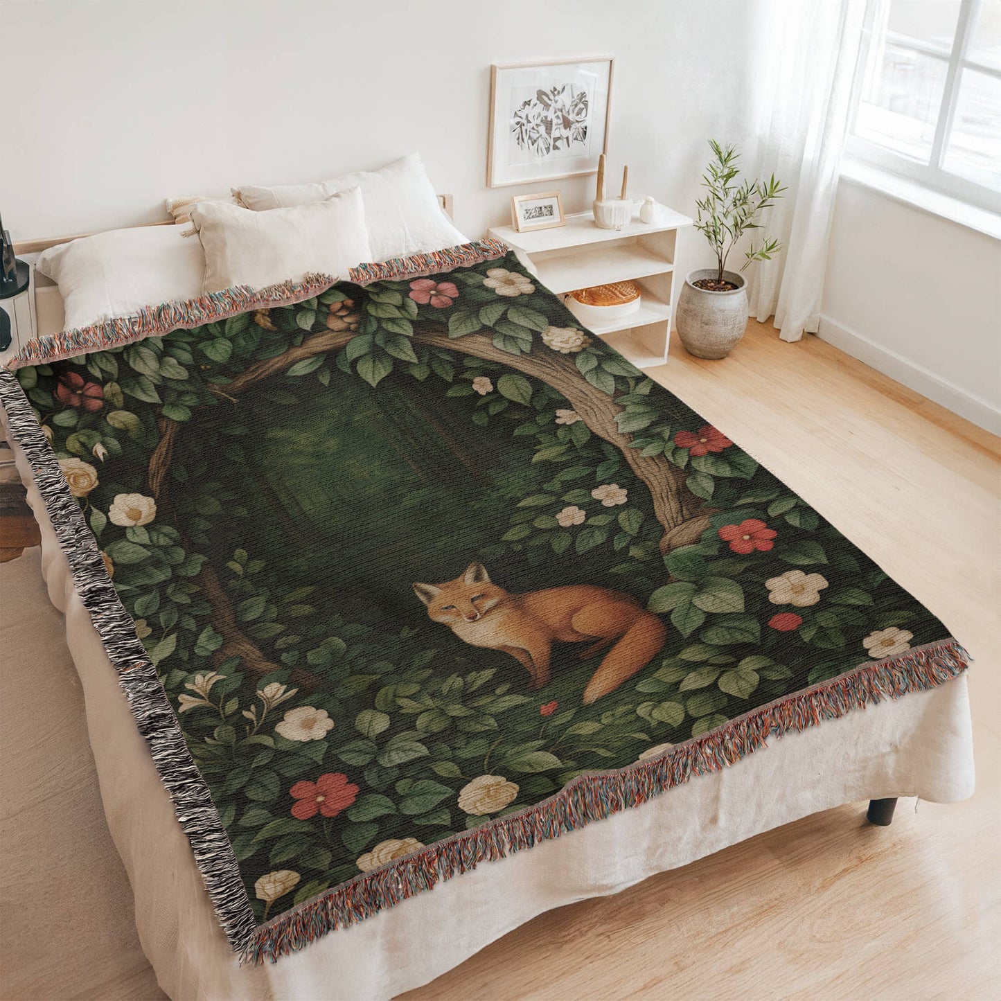 Cotton Woven Blanket – Woodland Fox among Leaves and Flowers